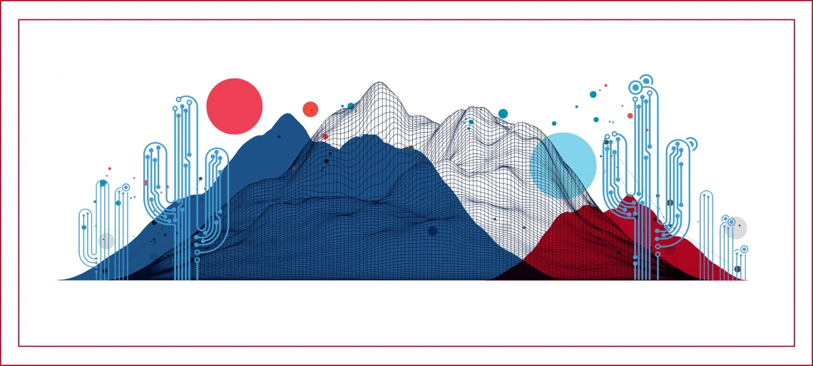 red blue mountains with cacti